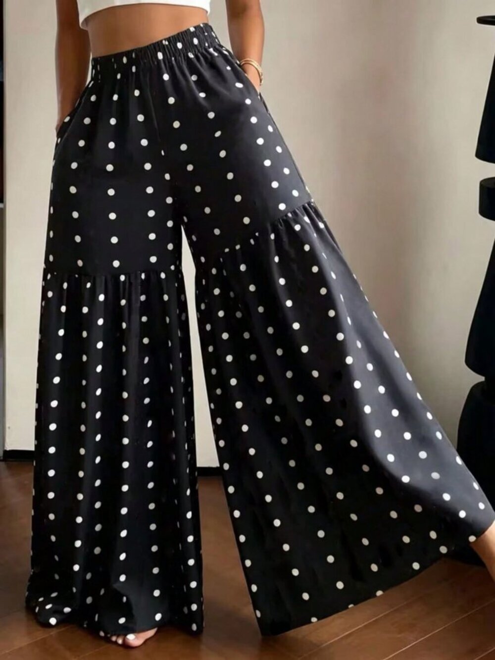 Black And White Casual Women's Elegant Polka Dot Print Wide Leg Pants